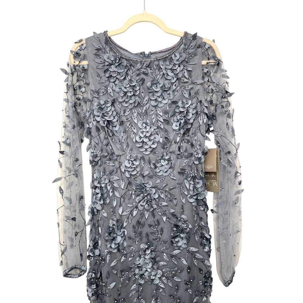 Theia $1295 Floral Mesh Long-Sleeve Gown Blue Formal Evening Dress Size 4 NWT - Picture 7 of 10